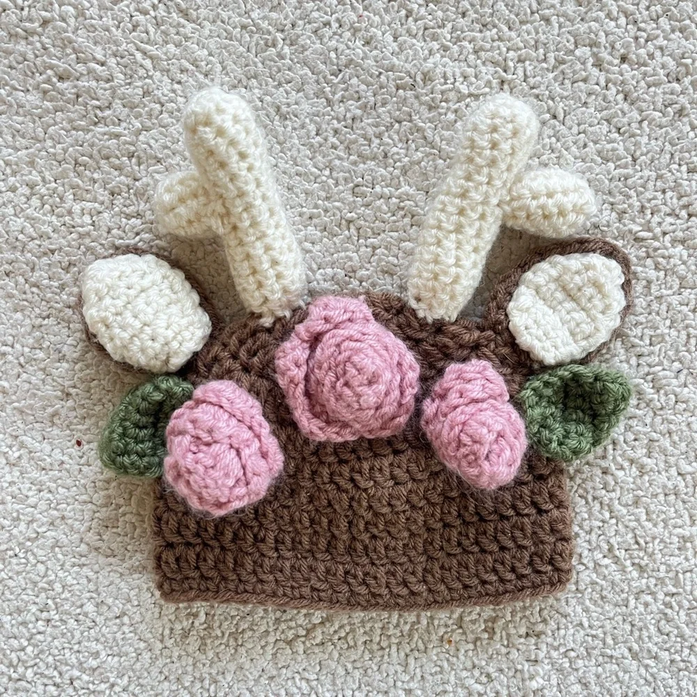 Handmade Adorable Brown Knit girls Hat with Pink Floral Design